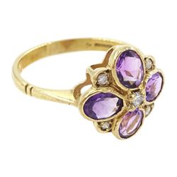 9ct gold oval cut amethyst and round brilliant cut diamond cluster ring, hallmarked