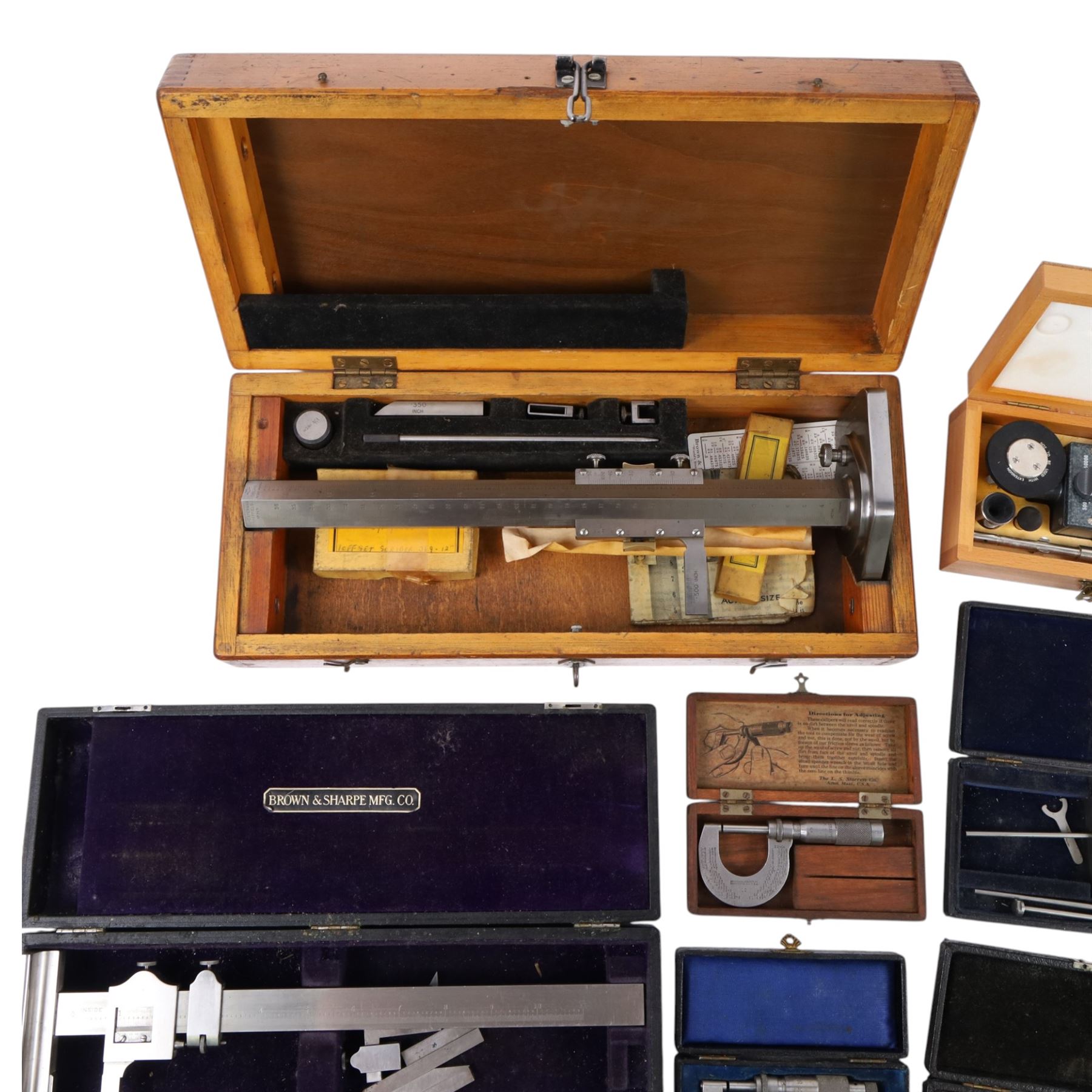 Collection of measures and gauges, including Venture Tachometer, collection of micrometers including Brown & Sharpe examples, three height gauges and other scientific instruments
