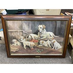 After P E Marshal (British 20th century), Car Outside Inn, water colour signed and dated; after Richard Britton (British) 'Mischief Makers' (golden labradors), colour print, together with three colour prints of dogs and embossed decorative bear scene (6) 