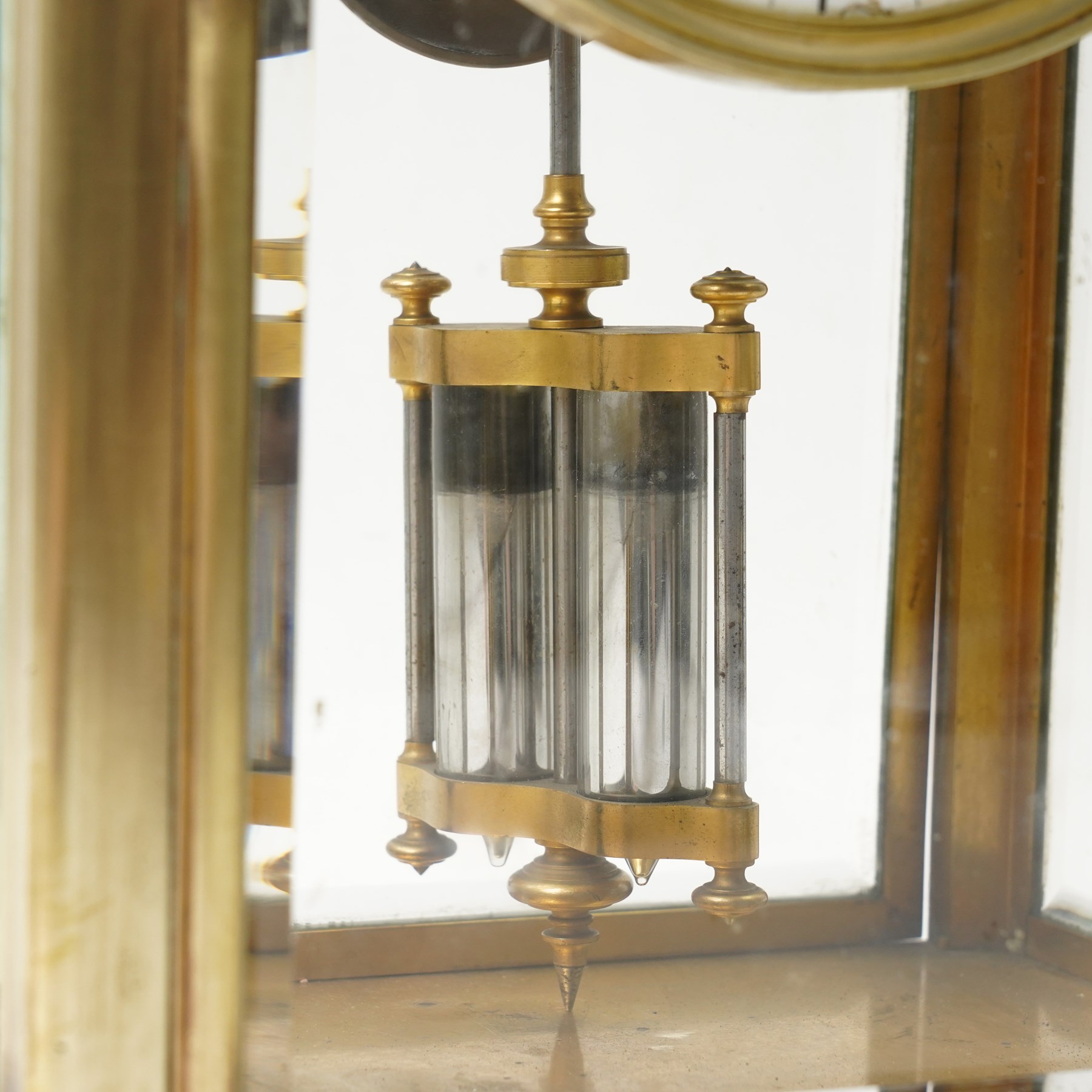 19th century four glass mantel clock with white enamel dial inscribed J W Benson, Old Bond Street, London with bell strike and mercury pendulum in brass and marble case H40cm