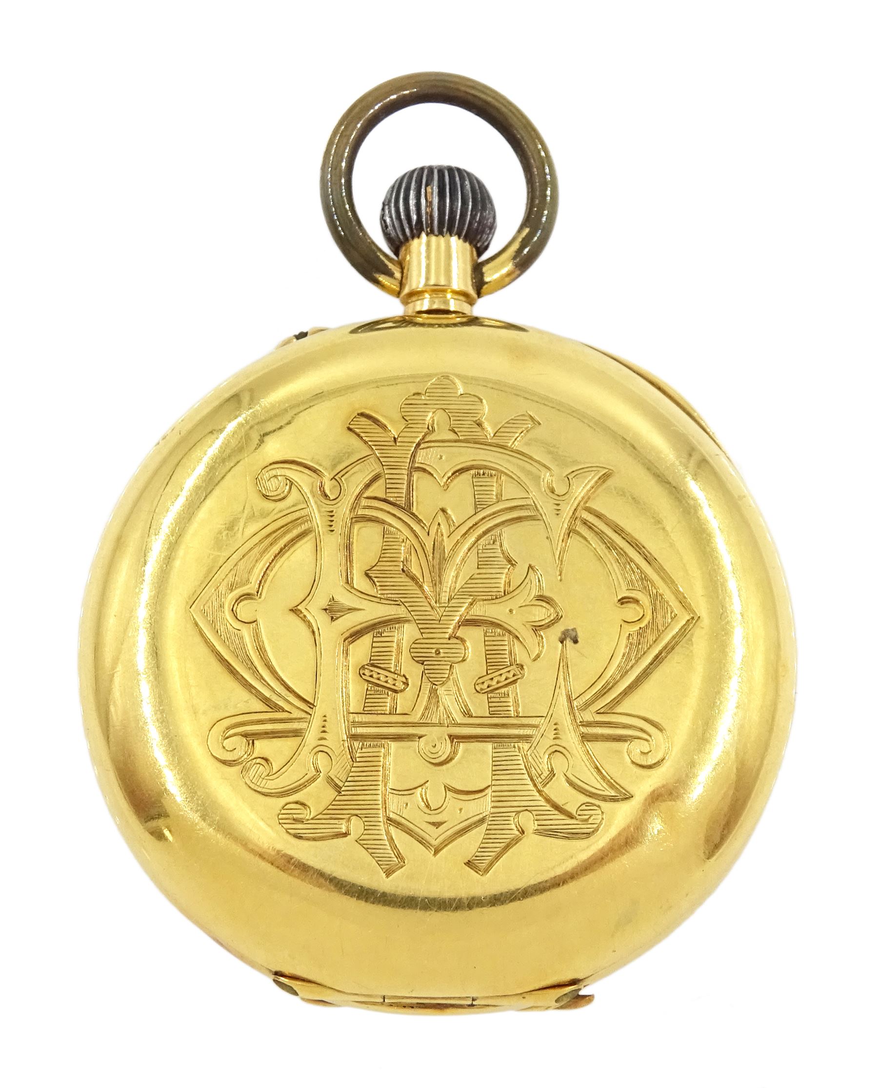 Early 20th century 18ct gold half hunter keyless lever fob watch, white enamel dial with Roman numerals, back case engraved with monogrammed initials, stamped 18K with Helvetia hallmarked