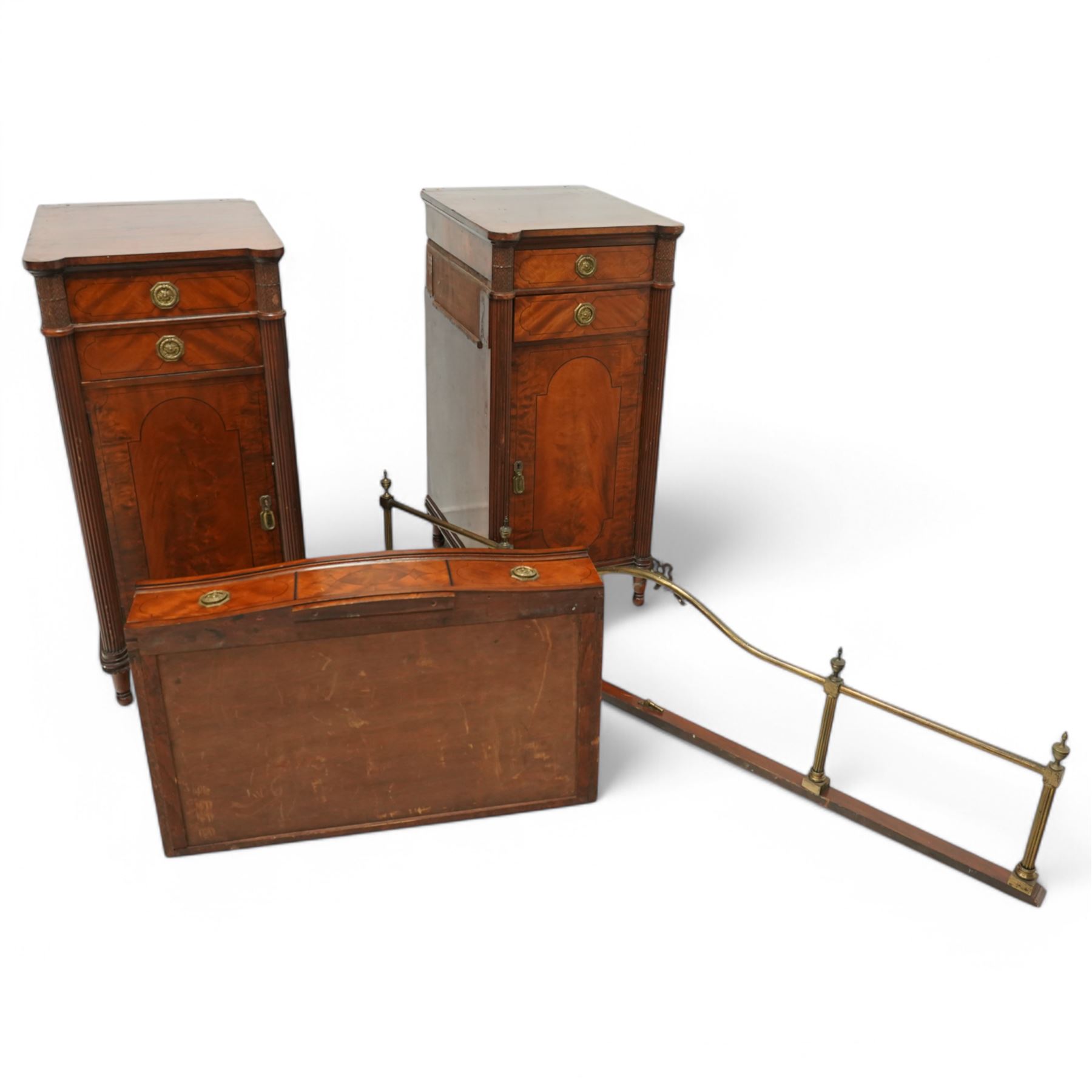 19th century mahogany Hepplewhite design pedestal sideboard or pair of bedside pedestals, each pedestal fitted with two drawers and cupboard, decorated with figured panelled doors and ebony stringing, curled leaf carved mounts over reeded half columns, on turned feet 