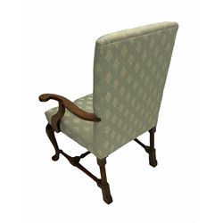 Georgian style stained beech frame open armchair, on cabriole supports joined by turned stretchers, upholstered in light blue fabric