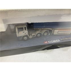 Three Corgi 1:50 scale lorries - ERF Tanker - Gulf Oil in perspex display case No.75101; limited edition Scania T Bulk Tipper - Maguires of Cheltenham No.CC12803; and Scania Topline Curtainside - Stephen Sanderson Limited No.CC12912; all boxed (3)