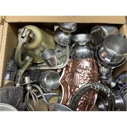 Assorted items, to include various metal was including ship's bell, kukri knife, mounted fishing flies, wooden book stand, part canteen of cutlery, etc., in three boxes 