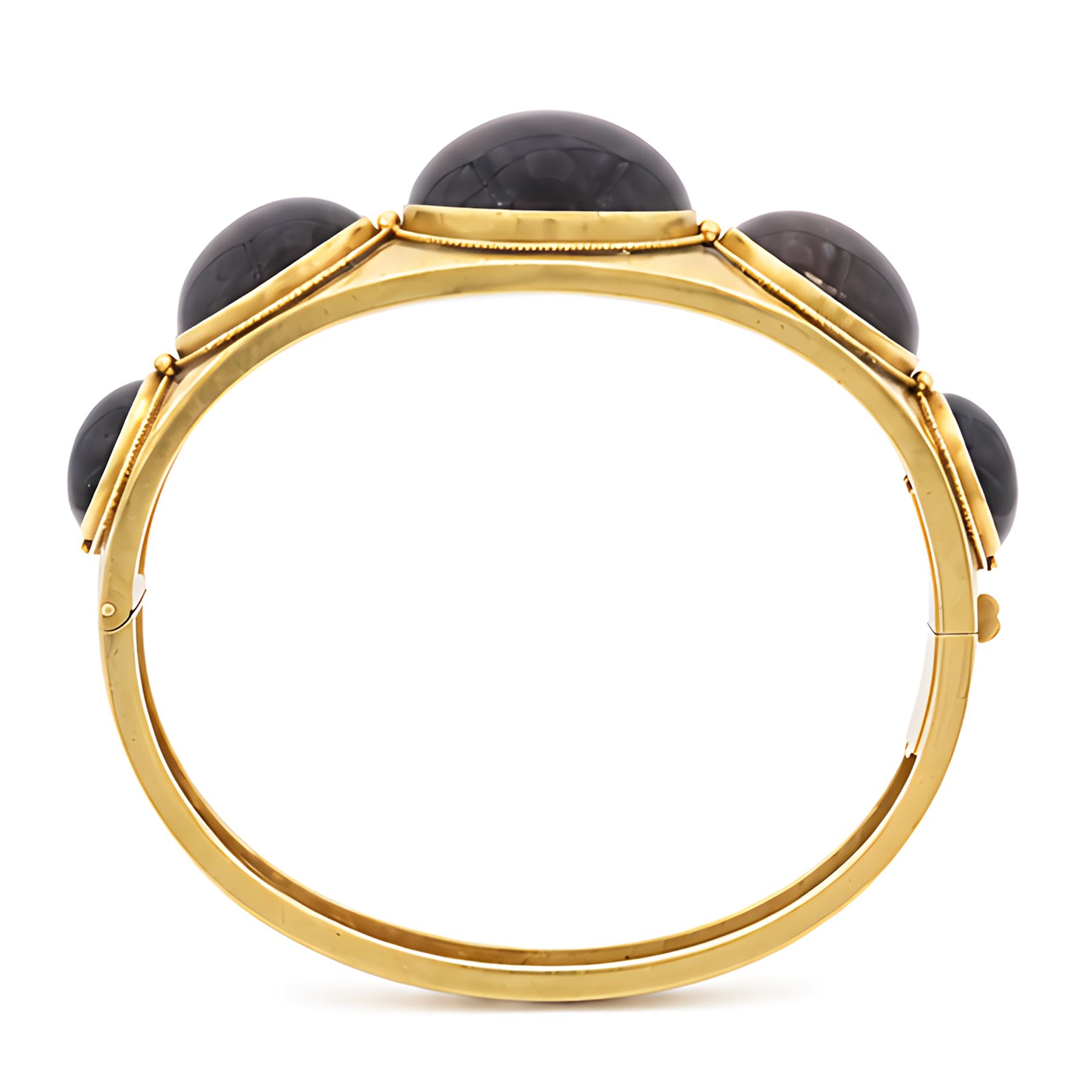 Victorian gold banded agate hinged bangle, set with five graduating cabochon cut agates, surrounded by wirework and bead decoration