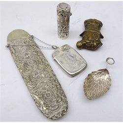  Victorian embossed silver scent bottle with hinged lid, L5.5cm, Victorian silver-plated embossed spectacle case, silver vesta case, leaf shaped caddy spoon and brass novelty vesta case in the form of Ally Sloper (5)  