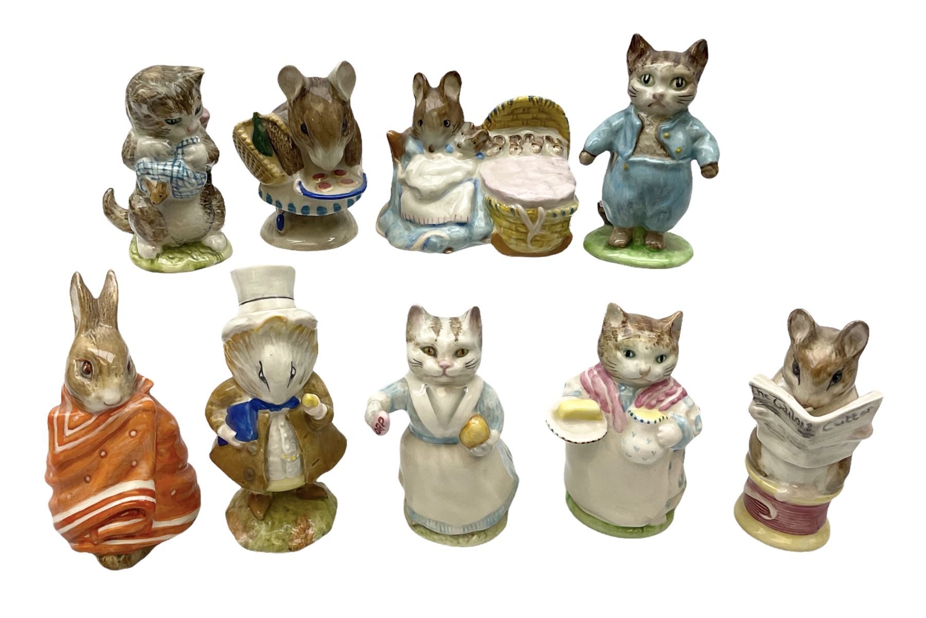 Nine Beswick Beatrix Potter figures, comprising Tabitha Twitchett, Appley Dapply, Tom Kitten Tailor of Gloucester, Ribby, Hunca Munca, Amiable guinea-pig, Miss Moppet and Poorly Peter rabbit,  all with printed mark beneath 