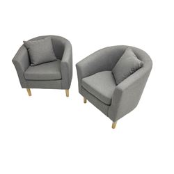 Pair small tub chairs, upholstered in graphite grey fabric and raised on tapered feet