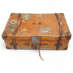 Two late 19th/early 20th century leather travelling 'Ideal' trunks, each stamped and engraved to brass locks F. Best & Co, various travel labels to include the Grand Hotel Naples, Grand Hotel Bellevue, Excelsior Palace Palermo, Waterloo etc, larger suitcase W93cm H32cm D58cm