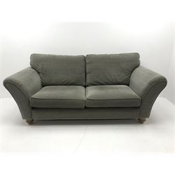 Aspen three seat sofa upholstered in a tweed style fabric, turned supports, with scatter cushions W224cm