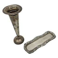 20th century silver specimen vase, of trumpet form with filled base, hallmarked Birmingham, together with a silver tray, hallmarked Chester, weight of tray 28 grams
