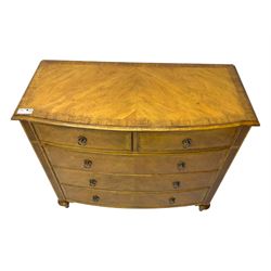 Frank Hudson - mid-20th century Mindi ash and burr walnut 'Spire' bow-fronted chest, featuring a crossbanded top over two short and three long cockbeaded drawers, raised on turned supports  