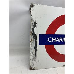 Enamel station sign for Charing Cross in red and blue on a white ground 56 x 71cm with hanging brackets