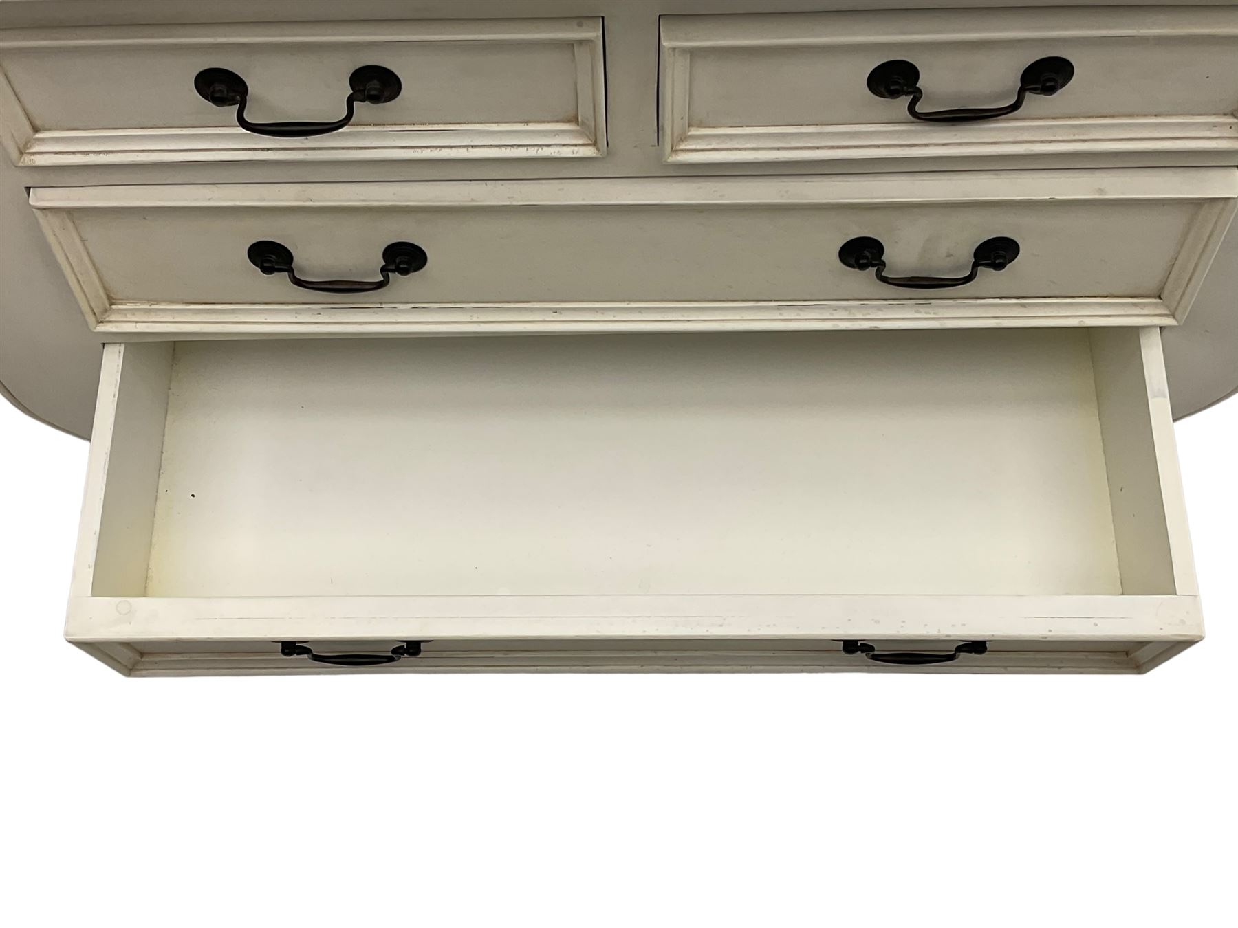 French design bombe shaped chest, moulded rectangular top over two short and three long drawers, on scrolled feet, in cream paint finish 