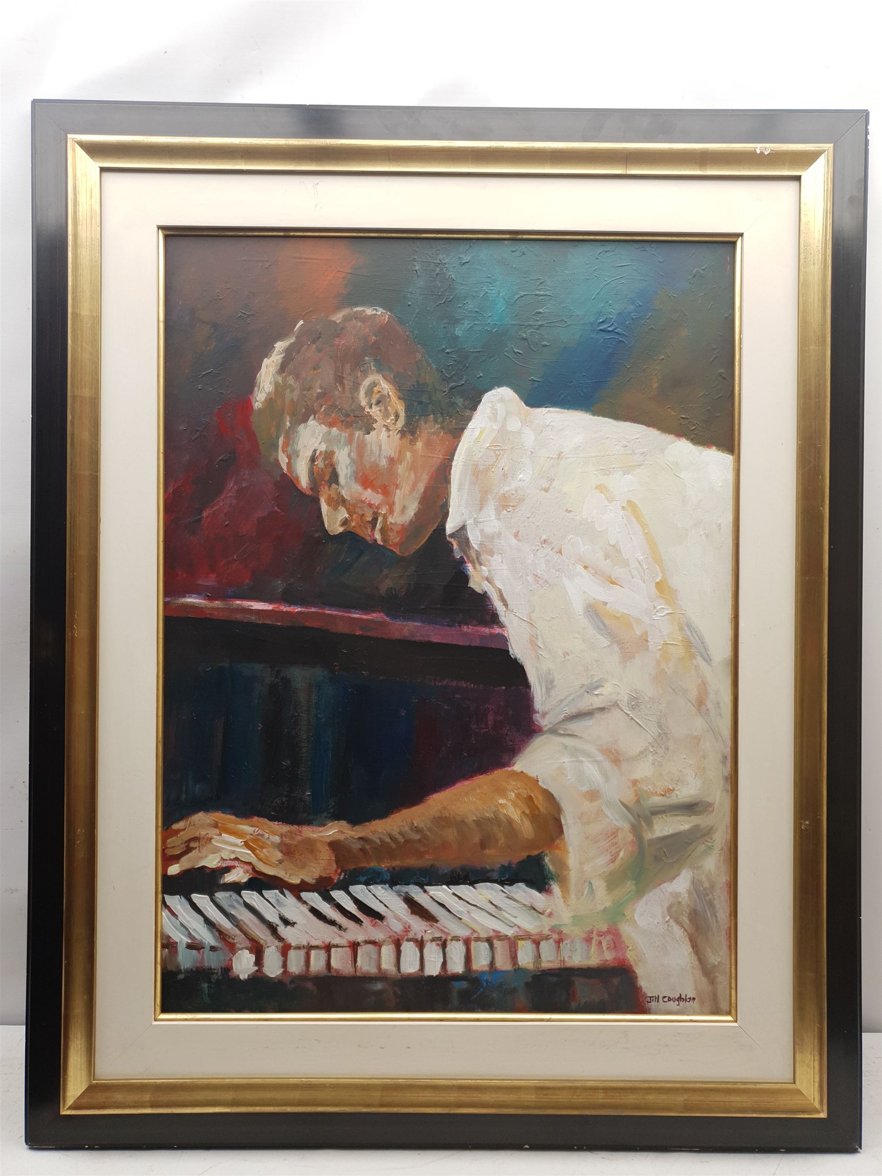 Jill Coughlan (British Contemporary): The Pianist, oil on board signed 75cm x 55cm