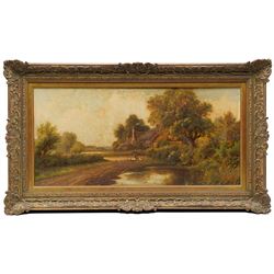 R Jenson (British late 19th/early 20th Century): Woman Feeding Ducks by a Countryside Lake, oil on wood panel signed and dated 1903, 33cm x 69cm 