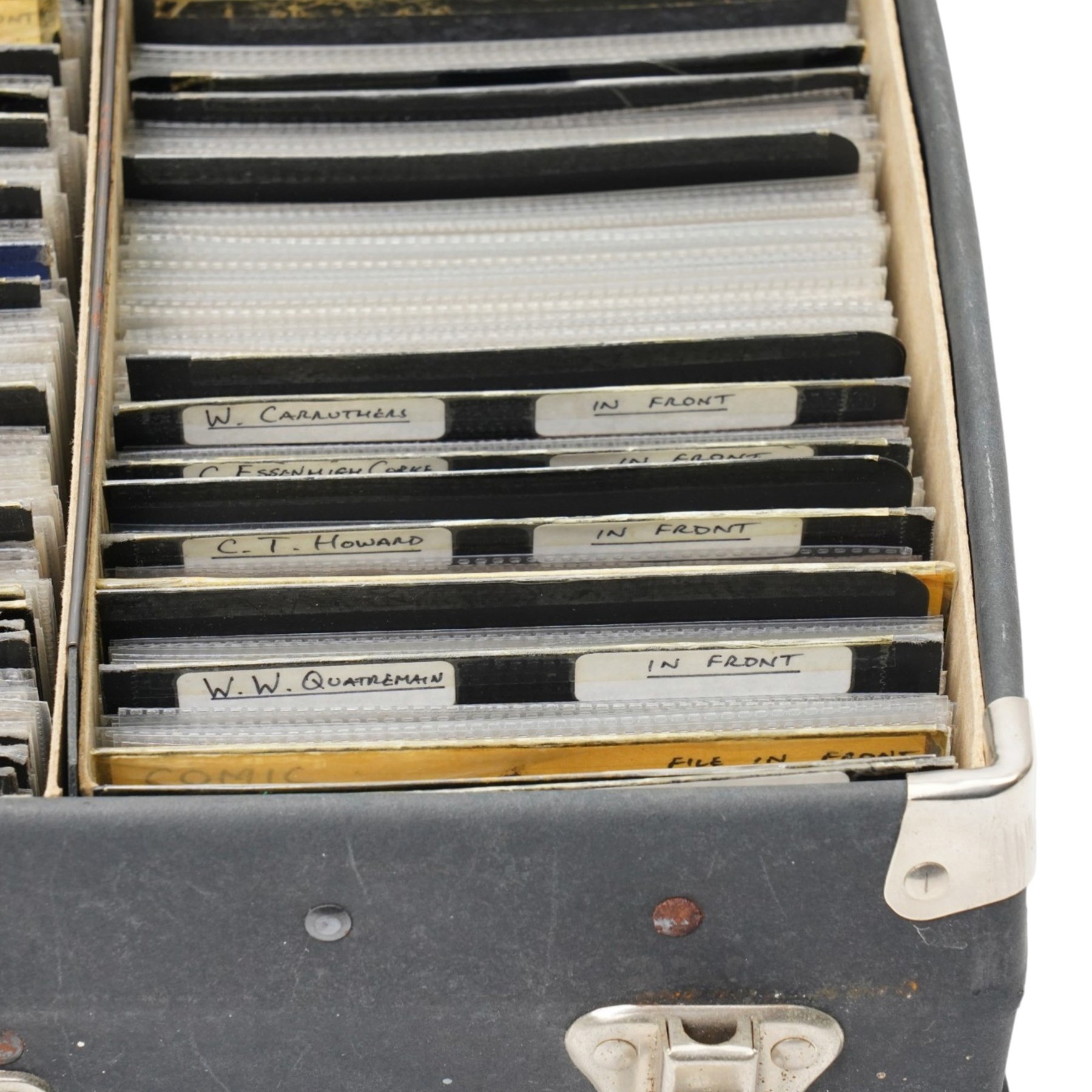Case containing a large quantity of postcards including foreign topographical sorted by country, art and artists, comic, industrial etc over 1000 cards