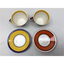 Wedgwood limited edition Clarice Cliff Design Taking Tea collection, comprising eight cups and saucers Honolulu, Apples, Gibraltar, Lilac Crocus, Trees and House, Coral Firs, Devon, and Sunray, with certificates of authenticity 