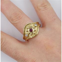 9ct gold three stone cabochon ruby and round brilliant cut diamond ring, Sheffield 1996