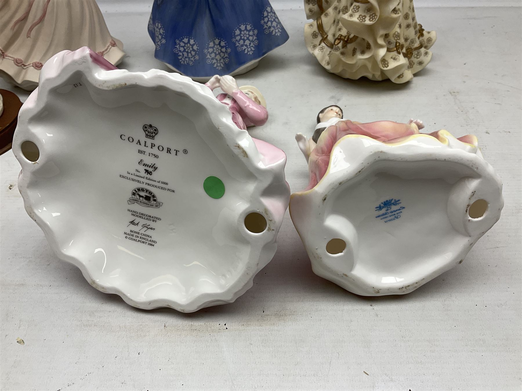 Collection of eight figures comprising Royal Doulton Loretta HN 2337 and Nina HN 2347, Coalport limited edition Emily 740/5000, Danbury Mint Jean, SBL Regal House Collection and three The Leonardo Collection examples