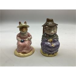 Two Royal Doulton Brambly Hedge figures comprising ‘Mrs Saltapple’ and ‘Poppy Eyebright’, Royal Albert Beatrix Potter ‘Foxy Whiskered Gentleman’ and ‘Mr Benjamin Bunny’, all with boxes, two Border Fine Arts Beatrix Potter figures comprising ‘Mrs Tiggywingle’ and ‘Mrs Rabbit’, Royal Doulton ‘Spike and Tyke’ and ‘Winnie Pooh and Footprints’ both with boxes, all marked beneath