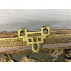 Two carved oriental wall hangings, the first example gilded depicting a temple and garden scene, the second figures in a garden, L49cm