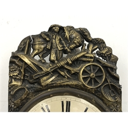  20th century French Comtoise wall clock, convex Roman dial with pressed brass cresting, twin train movement striking the half hours on a bell, H42cm   