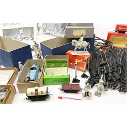Fifty modern lead figures of mounted and foot soldiers, various period uniforms from 18th century to WW2, painted and unfinished with related paperwork; small quantity of Hornby '00' gauge model railway items and track; and four boxed Subbuteo teams etc