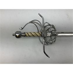Replica knight's longsword, the 91.5cm double-edged steel blade with basket hilt and wire-bound bone grip with spherical pommel, in leather scabbard L112cm overall