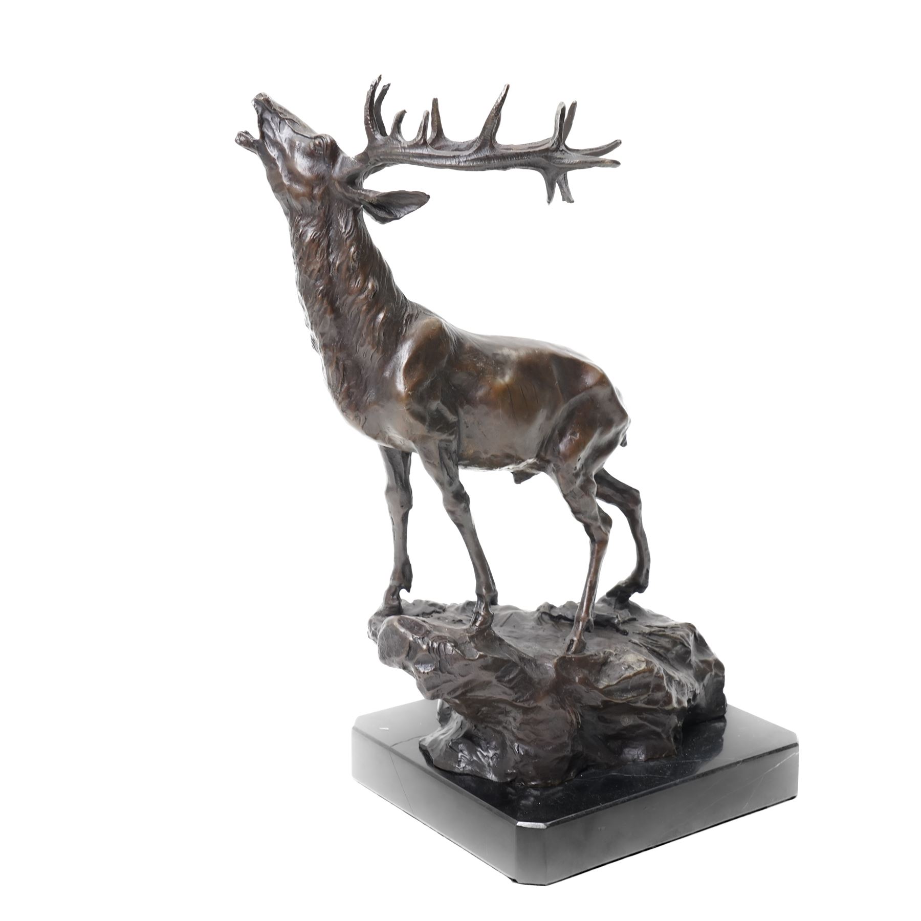 After Pierre-Jules Mêne - bronze figure of a calling stag, upon marble base, overall H35cm