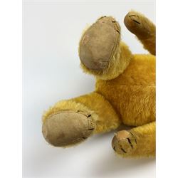 Schuco 'yes-no' teddy bear c1925 with wood wool filled short golden mohair body, linen pads with stitched claws and  tail-operated moving head with glass eyes and vertically stitched nose and mouth H18