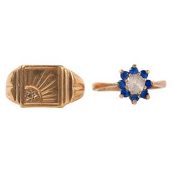 Two 9ct gold rings, including diamond set signet ring and a paste flower ring, both hallmarked