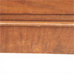 Mid Victorian flame mahogany chest of drawers, the moulded bow front top over two short and three long graduated drawers, fitted with turned wooden knob handles, flanked by rounded front corners continuing to plain sides, raised on a plinth base