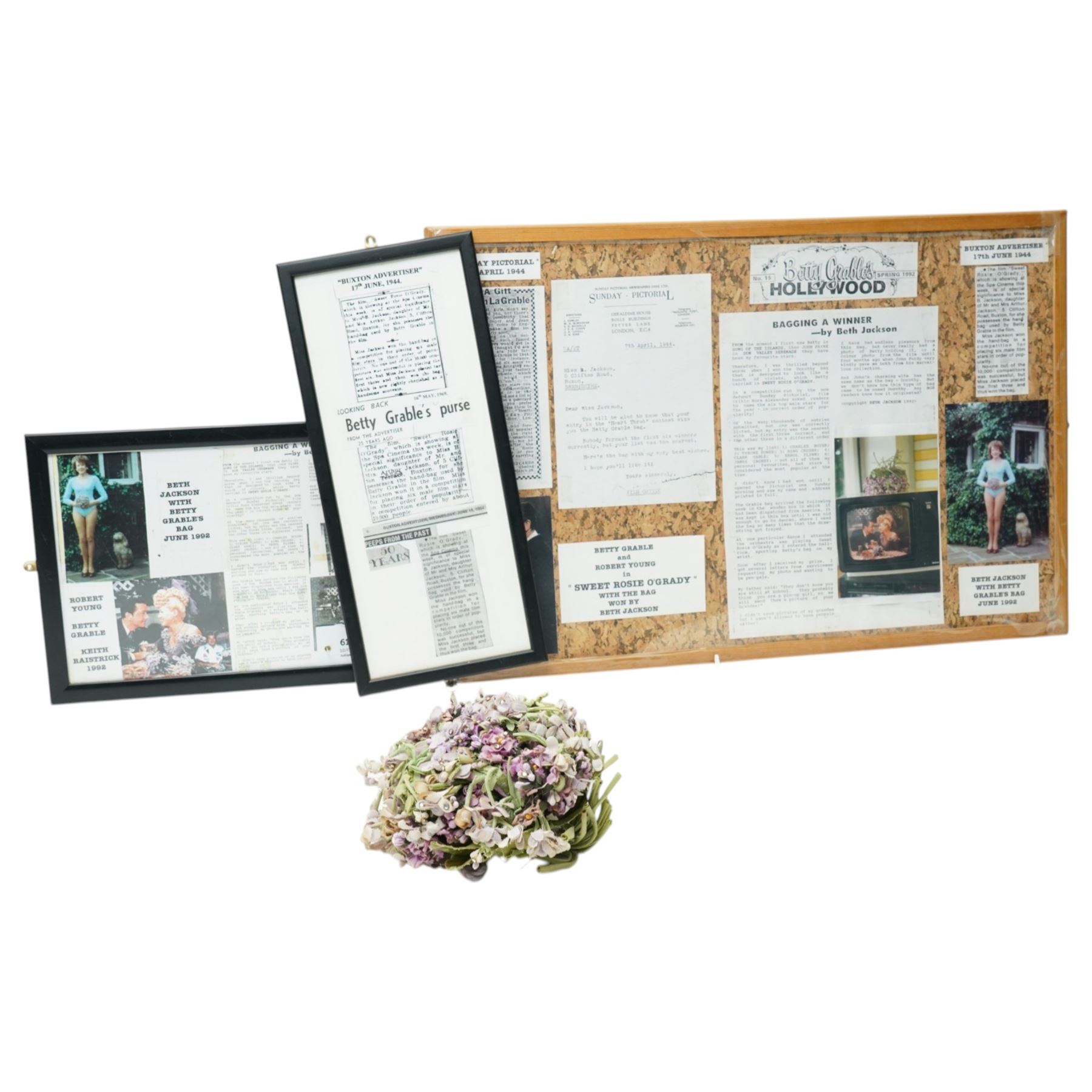 Betty Grable -  A purse designed as a bunch of violets and used by Betty Grable in the film 'Sweet Rosie O'Grady' 1943 and won in a competition in the Sunday Pictorial newspaper by Beth Jackson with newspaper cuttings, letter, photographs etc, together with a limited edition figure of Betty Grable by Modern Icons 458/2500, with magazines, books and other items relating to Betty Gable