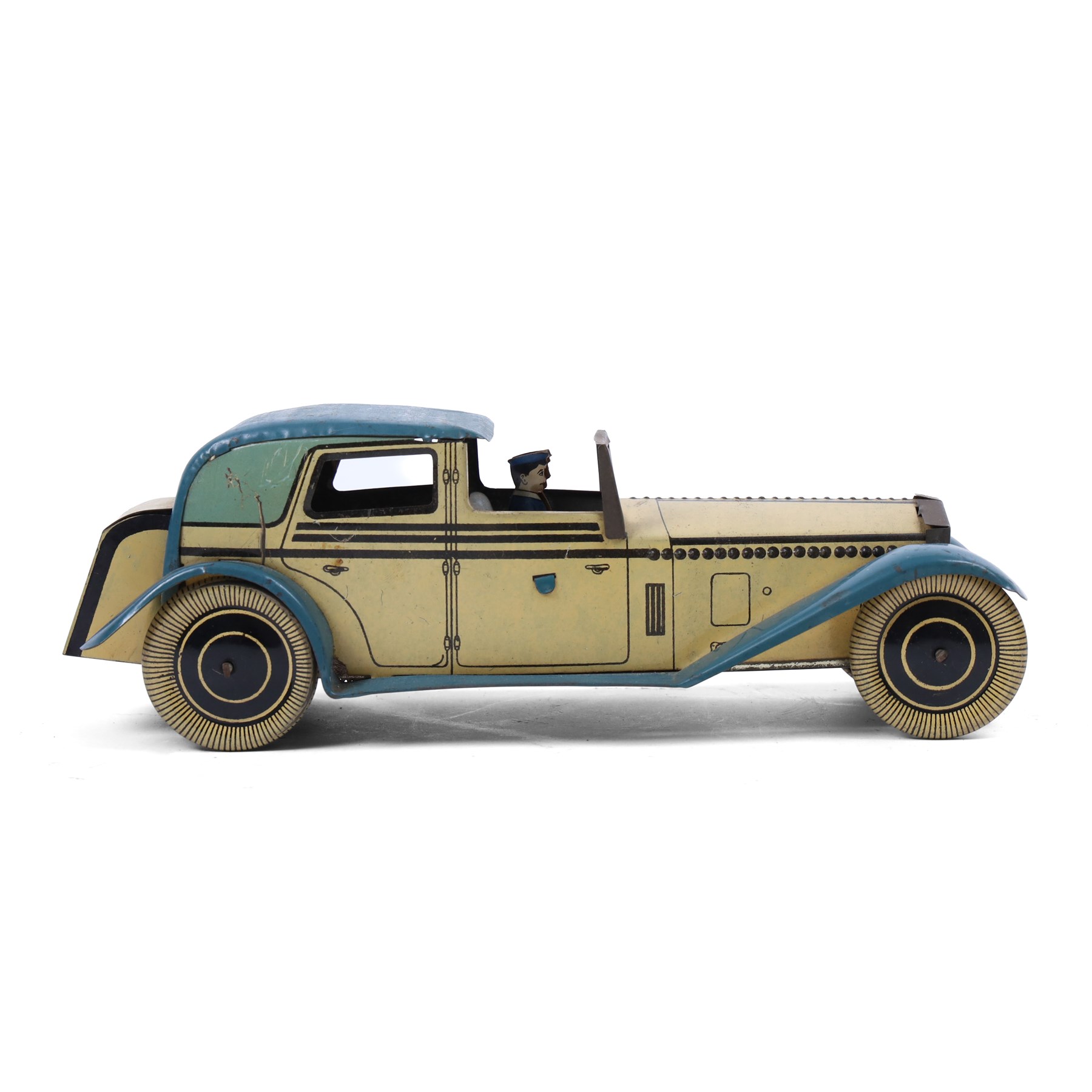 Wells tinplate clockwork limousine, the cream body, with blue roof and lithographed details, with driver and key, H8cm, L23cm
