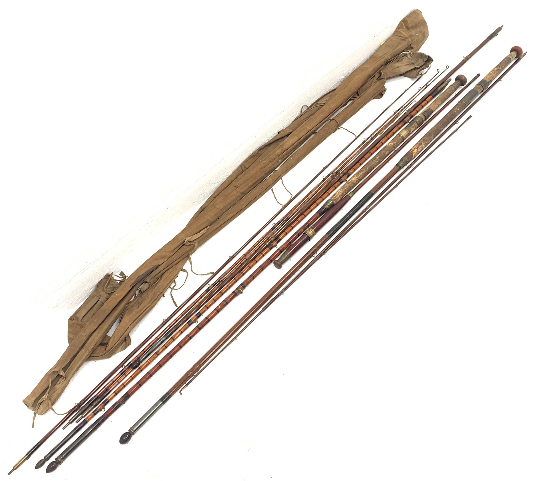 Three vintage Hardy's cane fishing rods including Hardy 'Greenheart' 3 piece 9ft (3)