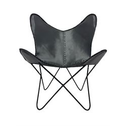 Metal framed butterfly chair upholstered in slung dark tan stitched leather 