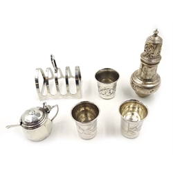  1930's Silver toast rack, mustard pot and spoon, a silver niello tot and two others stamped 84 and a silver part caster approx 7oz    