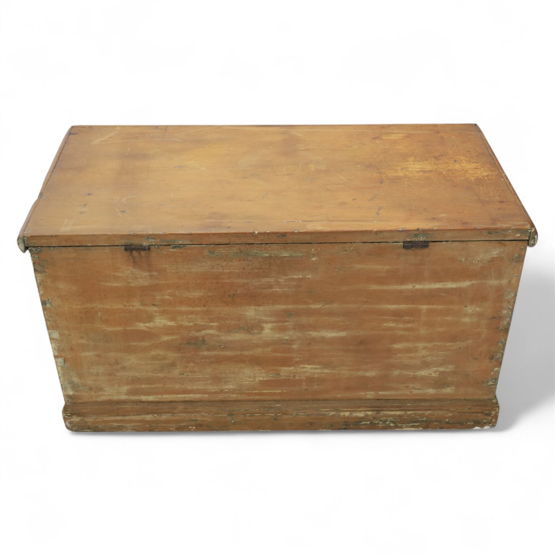 19th century golden oak chest, iron strap carry handles and hinges