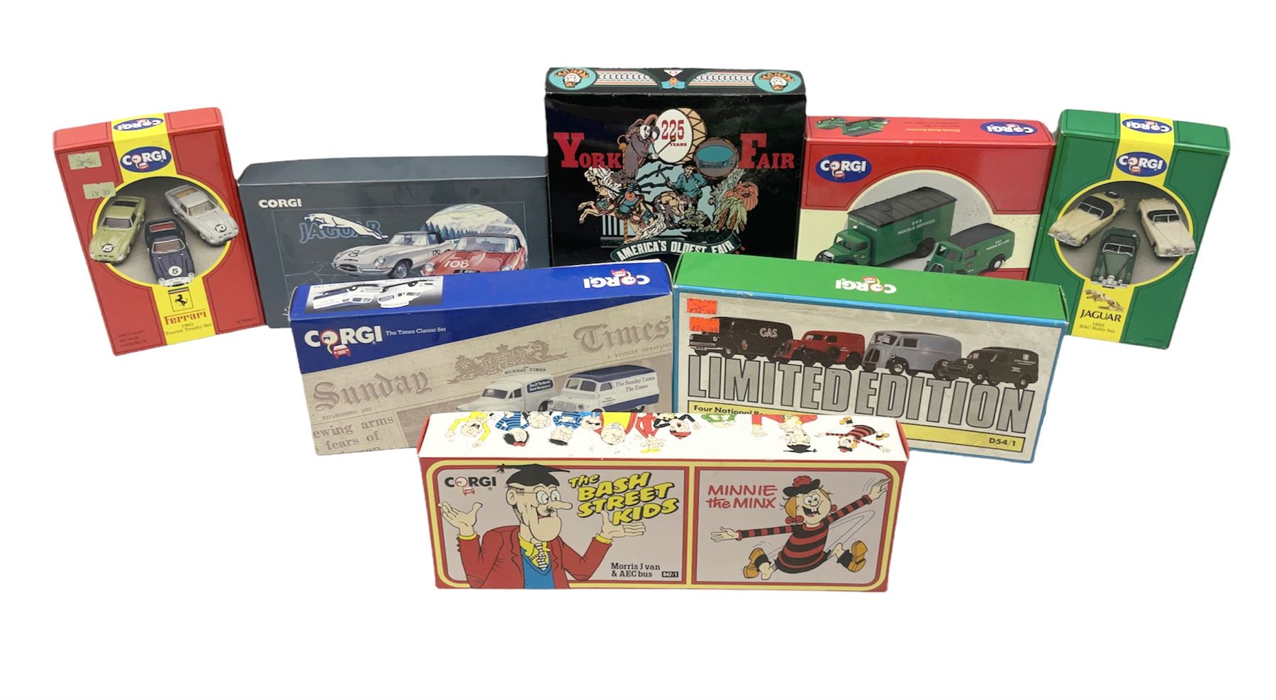 Corgi - eight die-cast model sets comprising D54/1 Four National Resources Vans; 97740 The Times Classic Set; D47/1 The Bash Street Kids; America's York Fair 225 Years; 97701 Two Jaguar E-Types; 97200 BRS Vans; 97690 Ferrari 1962 Tourist Trophy Set; and 97705 Jaguar 1953 RAC Rally Set; most limited editions; all boxed (8)