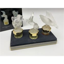 Lalique 'Les Mascottes Miniatures' boxed set of three miniature car mascot perfume bottles, comprising Faun 2001, Horse 2002 and Eagle, 2003