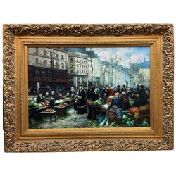 E R Brett (Continental 20th century): French Market Scene, oil on canvas signed 60cm x 90cm in heavy ornate gilt frame
