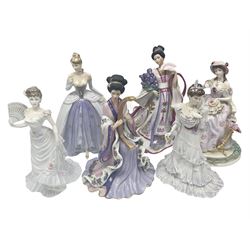 Royal Worcester figure from The Graceful Arts collection, Embroidery, limited edition 1564/2500, together with three Coalport figures Midnight Masquerade, Lillie Langtry, Eugenie, and two Denbury Mint figures, all with printed marks beneath  
