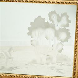 20th century giltwood and gesso wall mirror, rectangular form with pierced foliate and scroll moulded frame, rope twist inner moulding, enclosing an engraved mirror plate decorated with a horse drawn carriage and stylised trees