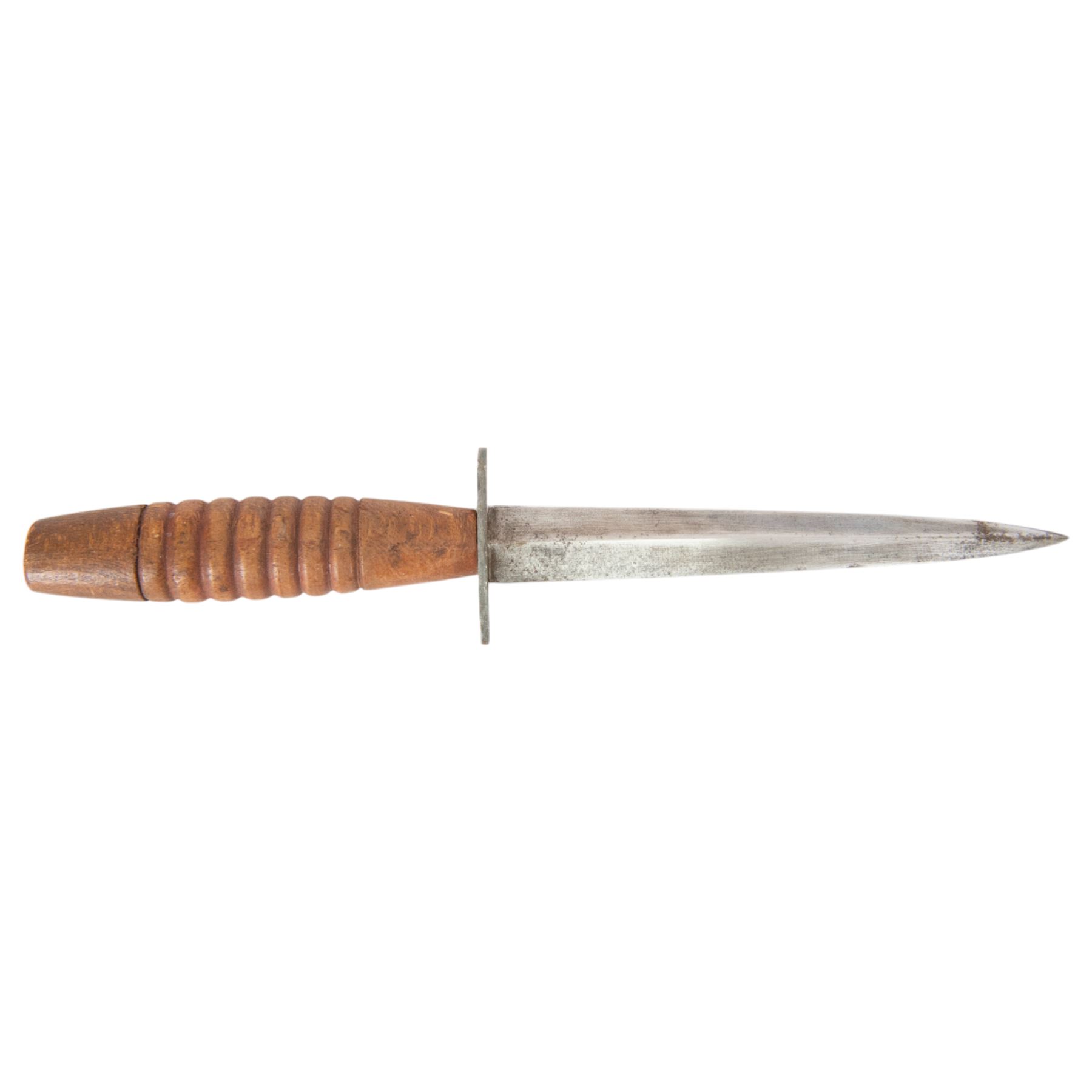 WWII British Fairbairn Sykes Wooden Hilt Commando Knife, with unmarked 17cm double edged blade, oval steel cross guard, barrel style wooden grip, in leather scabbard, overall L30cm