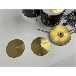 Rockburn eight-piece black drum kit with bass drum, floor tom and five other toms and snare drum; together with two other snare drums; Haosen bass drum; four cymbals; various stands, foot pedals, stool, tri-angle, drum sticks etc