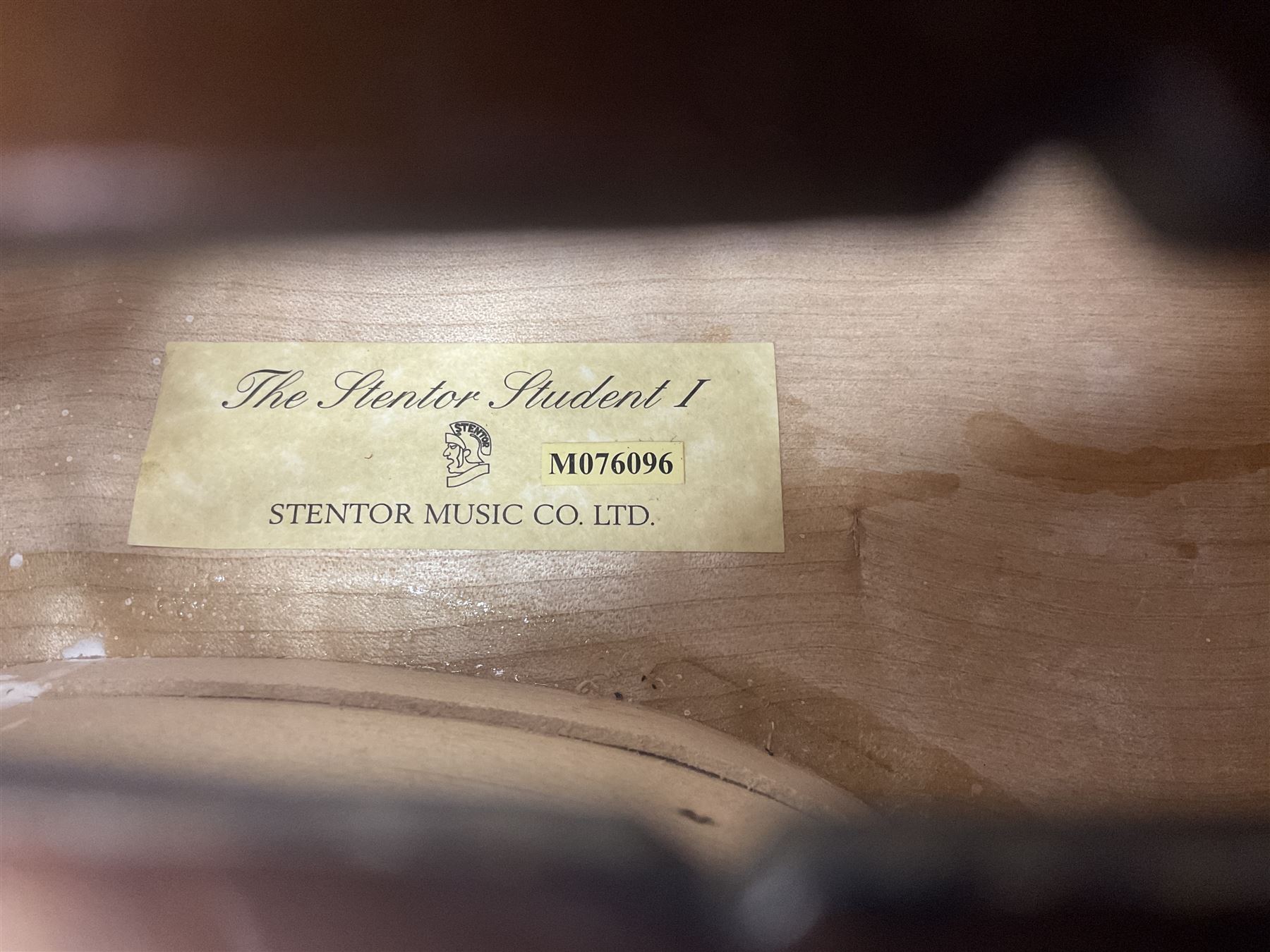 Stentor Student I quarter-size cello with 59.5cm two-piece maple back and ribs and spruce top; bears maker's label with serial no.M076096 L95.5cm overall; in Stentor soft carrying case with bow