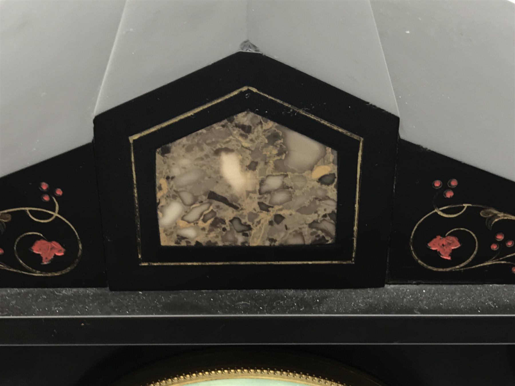 Victorian black slate mantel clock, stepped sloping pediment with marble inset, marble half column pilasters enclosing Arabic dial, twin train movement striking the hours and half on single coil, gilt and painted engraved detail, H35cm