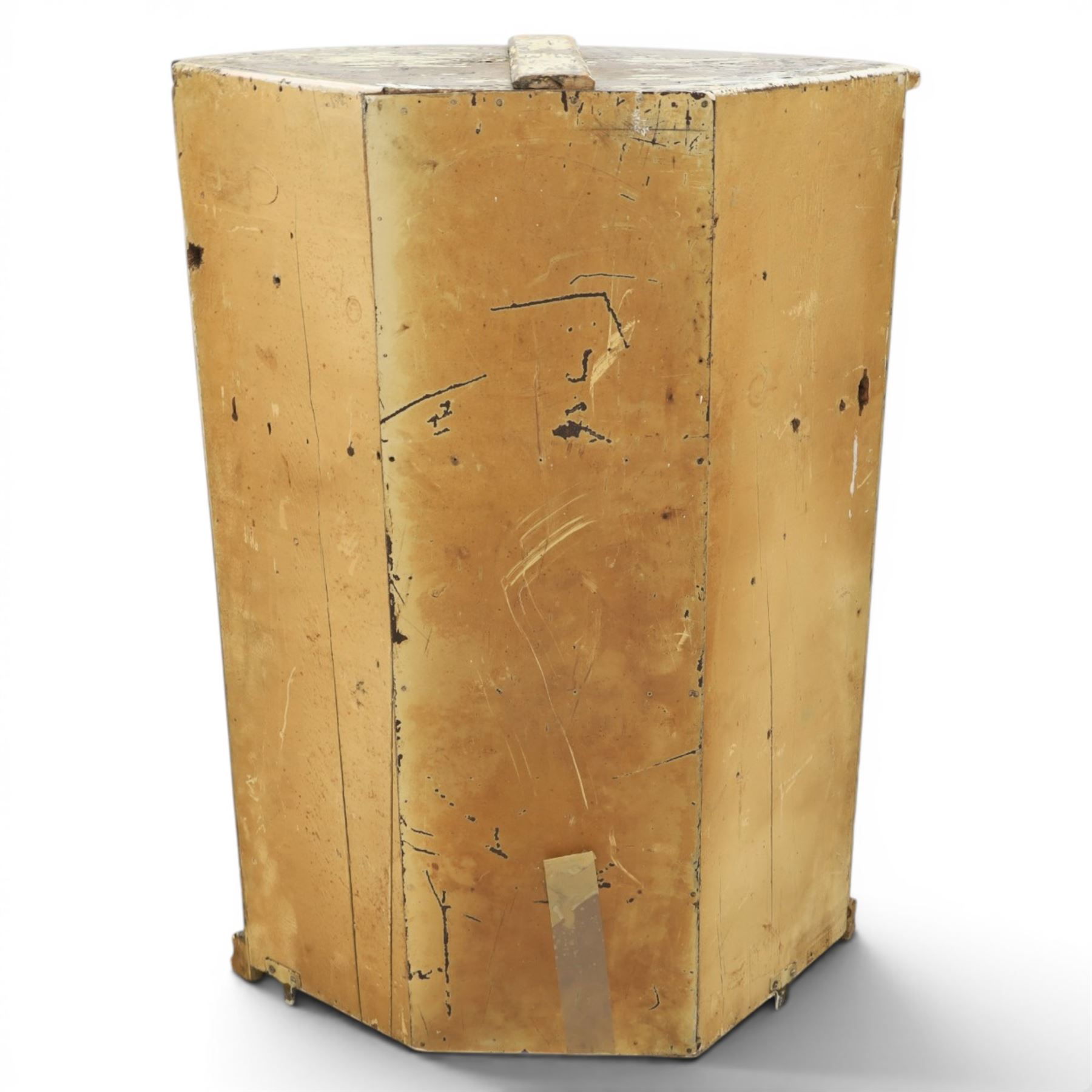 George III oak cylindrical corner cupboard, bow fronted doors revealing a painted shelved interior, brass escutcheons  and hinges, raised on a moulded plinth base